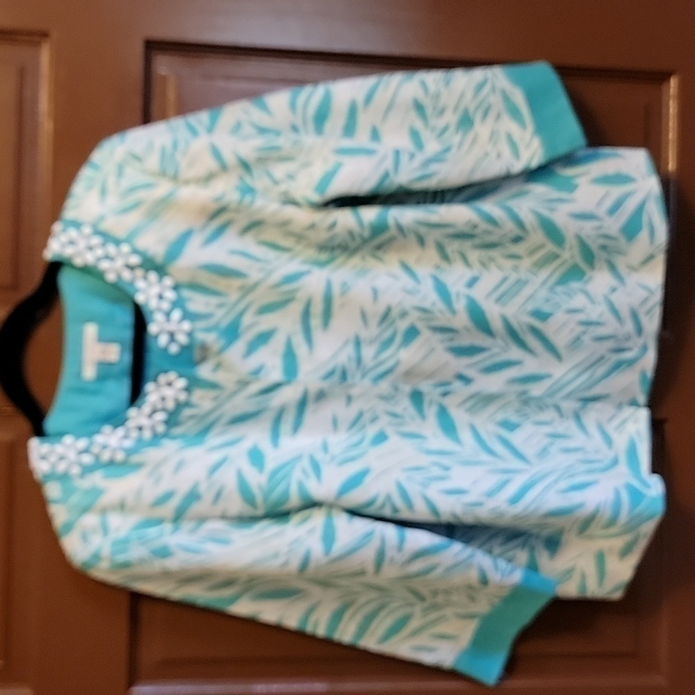 JM Collection-Linen light teal, white,  bge 3/4 sleeved jkt. Size 12.